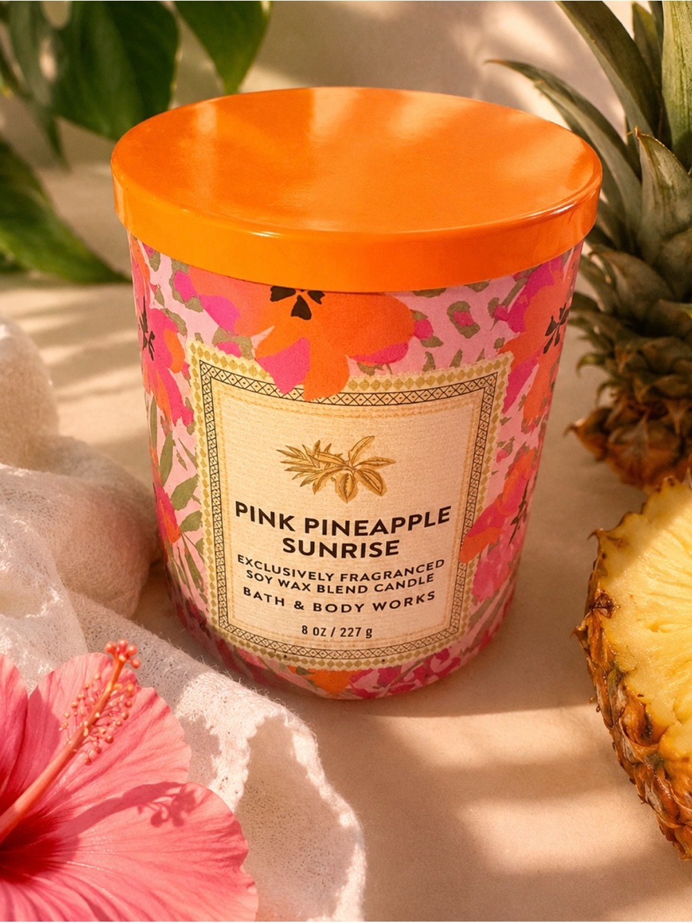 Bath & Body Works Pink Pineapple Sunrise Candle - Orange & Pink Floral Jar